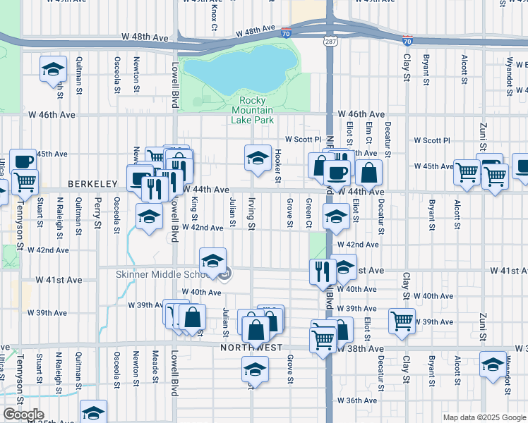 map of restaurants, bars, coffee shops, grocery stores, and more near 4236 Hooker Street in Denver