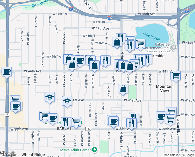 map of restaurants, bars, coffee shops, grocery stores, and more near 4270 Kendall Street in Wheat Ridge