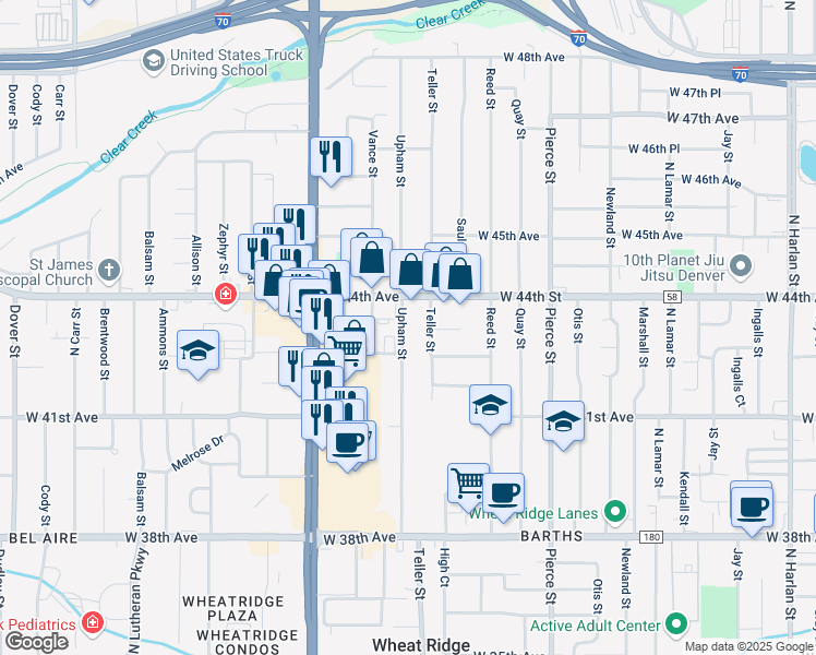 map of restaurants, bars, coffee shops, grocery stores, and more near 4340 Upham Street in Wheat Ridge