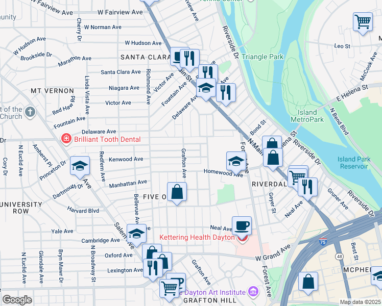 map of restaurants, bars, coffee shops, grocery stores, and more near 237 Kenwood Avenue in Dayton
