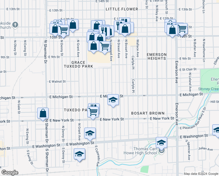 map of restaurants, bars, coffee shops, grocery stores, and more near 521 North Linwood Avenue in Indianapolis