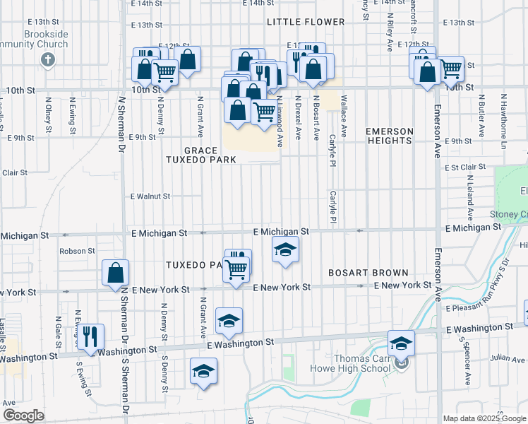 map of restaurants, bars, coffee shops, grocery stores, and more near 520 North Euclid Avenue in Indianapolis