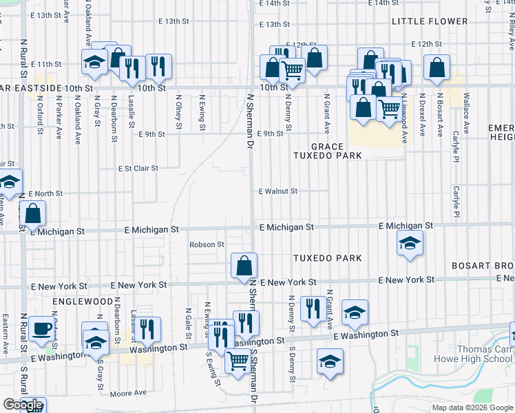map of restaurants, bars, coffee shops, grocery stores, and more near 528 North Bradley Avenue in Indianapolis