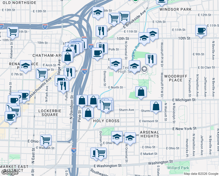 map of restaurants, bars, coffee shops, grocery stores, and more near 568 North Highland Avenue in Indianapolis