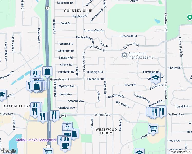 map of restaurants, bars, coffee shops, grocery stores, and more near 2200-2498 Greenbriar Dr in Springfield