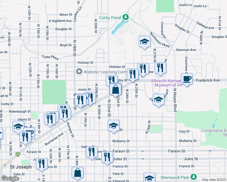 map of restaurants, bars, coffee shops, grocery stores, and more near 2217 Frederick Avenue in Saint Joseph