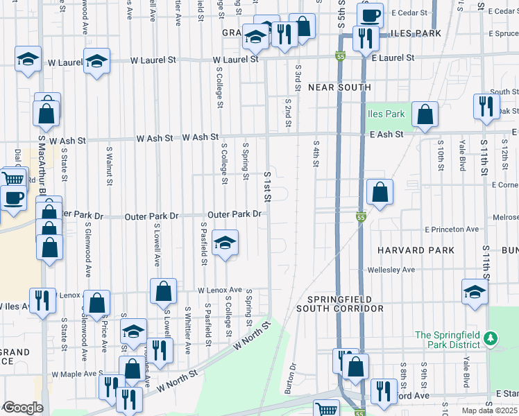 map of restaurants, bars, coffee shops, grocery stores, and more near 105 Outer Park Drive in Springfield