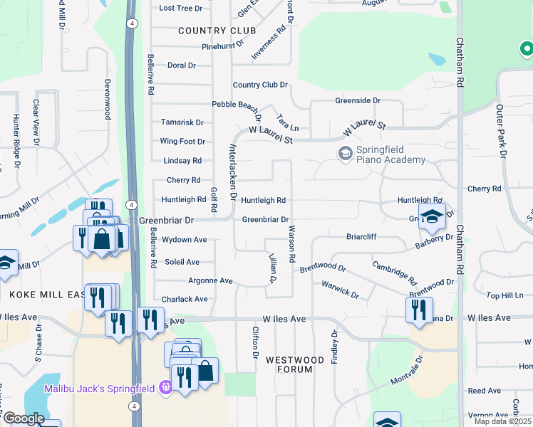 map of restaurants, bars, coffee shops, grocery stores, and more near 2200-2498 Greenbriar Dr in Springfield