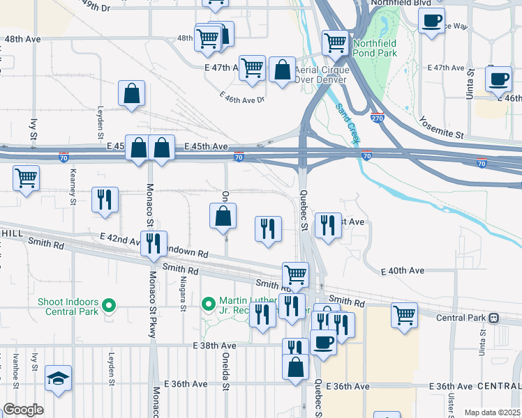 map of restaurants, bars, coffee shops, grocery stores, and more near 4250 Oneida Street in Denver
