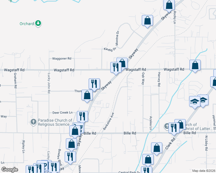 map of restaurants, bars, coffee shops, grocery stores, and more near 8064 Skyway in Paradise