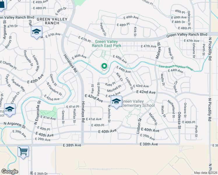 map of restaurants, bars, coffee shops, grocery stores, and more near 20555 Mitchell Place in Denver