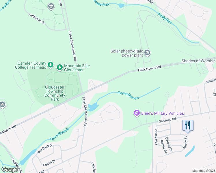 map of restaurants, bars, coffee shops, grocery stores, and more near 607 Hickstown Road in Sicklerville