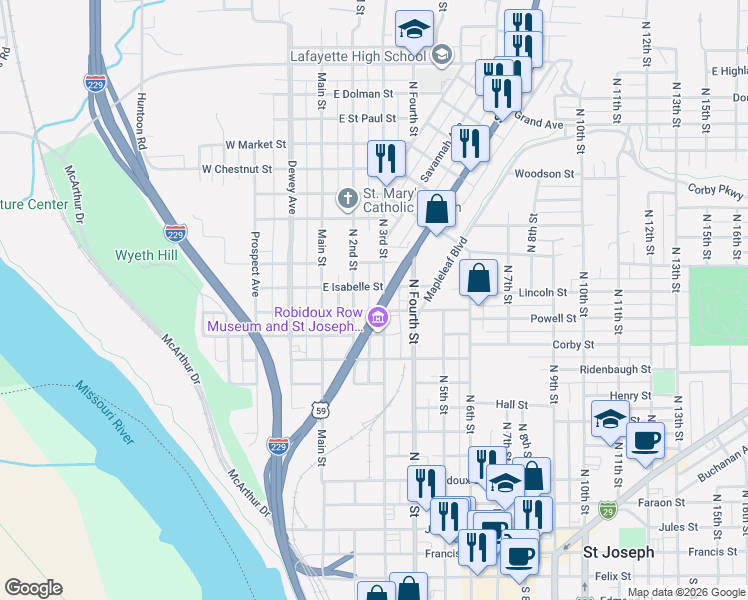 map of restaurants, bars, coffee shops, grocery stores, and more near 1210 North 3rd Street in Saint Joseph