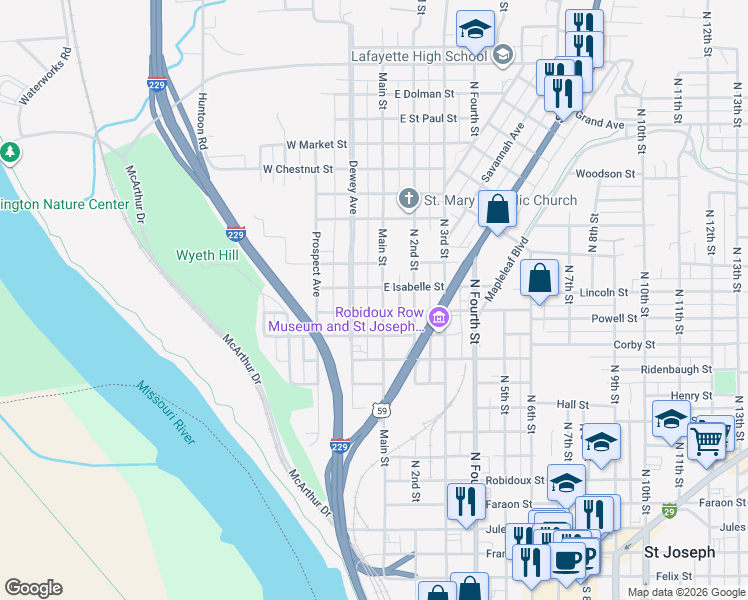 map of restaurants, bars, coffee shops, grocery stores, and more near 1202 Main Street in Saint Joseph