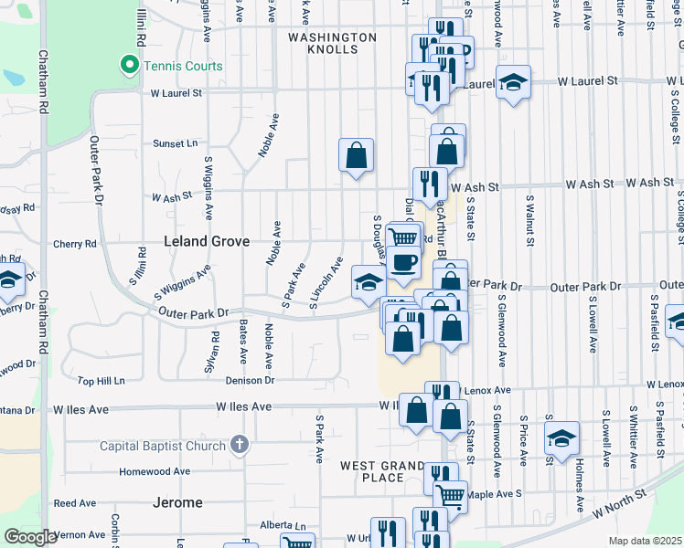 map of restaurants, bars, coffee shops, grocery stores, and more near 2116 South Lincoln Avenue in Springfield