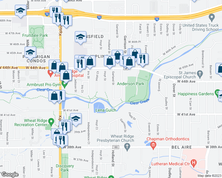 map of restaurants, bars, coffee shops, grocery stores, and more near 4271 Garland Street in Wheat Ridge