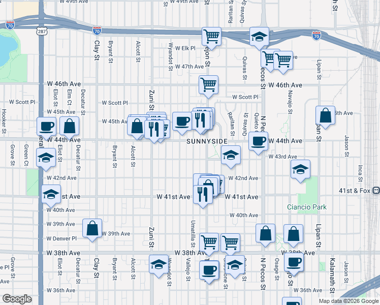 map of restaurants, bars, coffee shops, grocery stores, and more near 4317 Umatilla Street in Denver