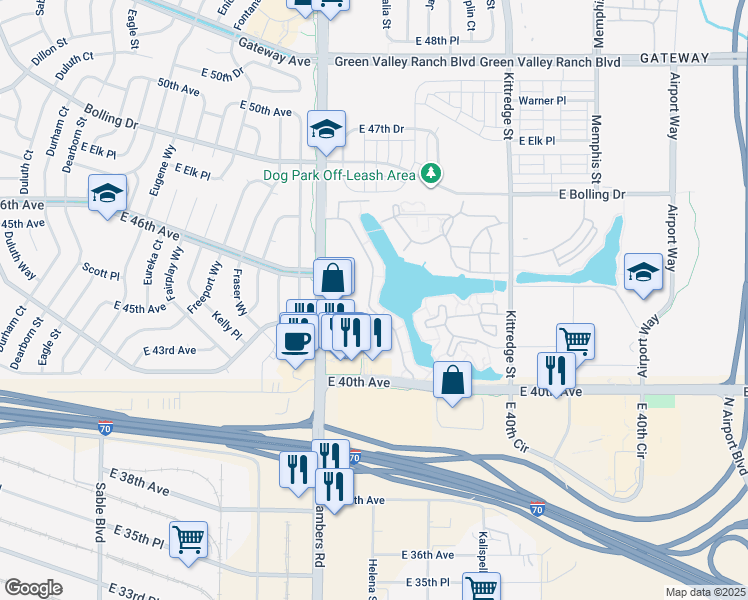 map of restaurants, bars, coffee shops, grocery stores, and more near 15435 Andrews Drive in Denver