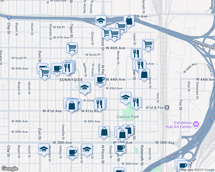 map of restaurants, bars, coffee shops, grocery stores, and more near 1581 West 43rd Avenue in Denver