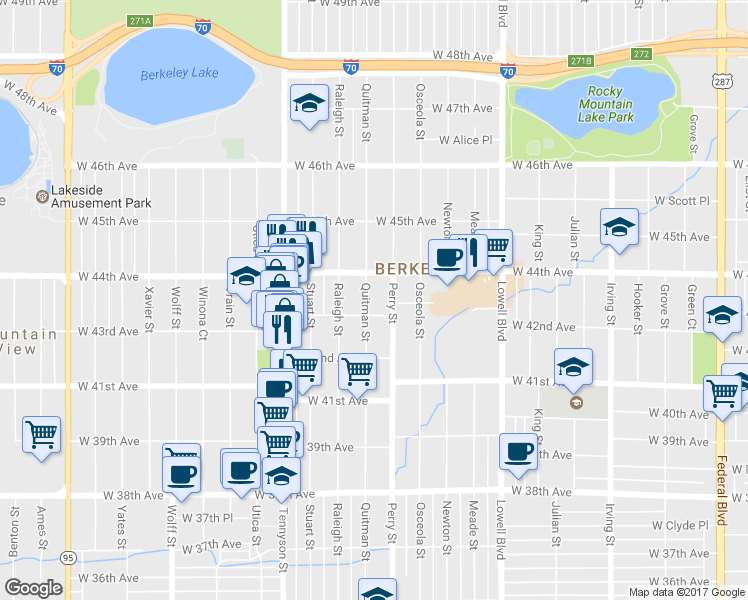 map of restaurants, bars, coffee shops, grocery stores, and more near 4301 Quitman Street in Denver