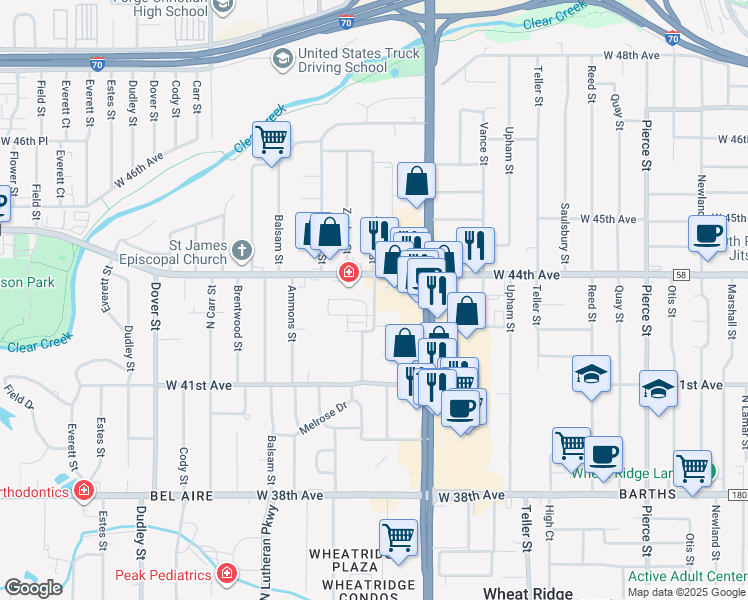 map of restaurants, bars, coffee shops, grocery stores, and more near 4265 Yarrow Street in Wheat Ridge