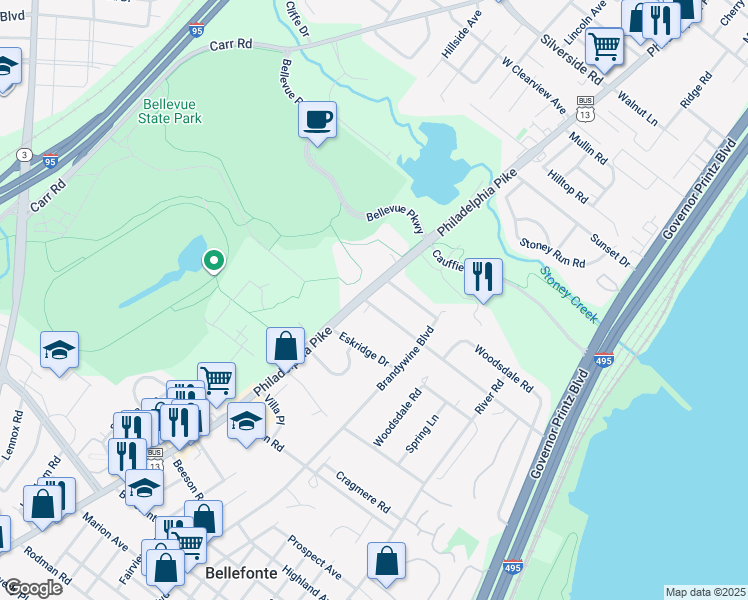 map of restaurants, bars, coffee shops, grocery stores, and more near 500 Bellevue Road in Wilmington