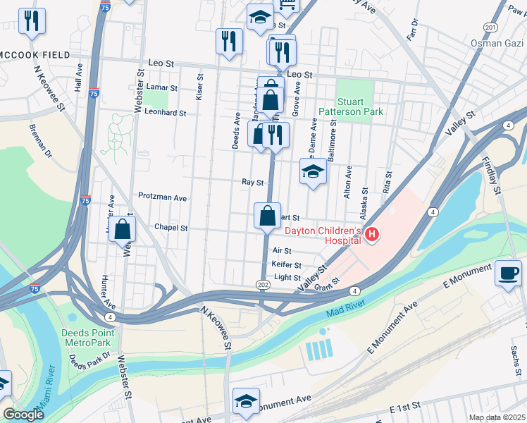 map of restaurants, bars, coffee shops, grocery stores, and more near 382 Maryland Avenue in Dayton