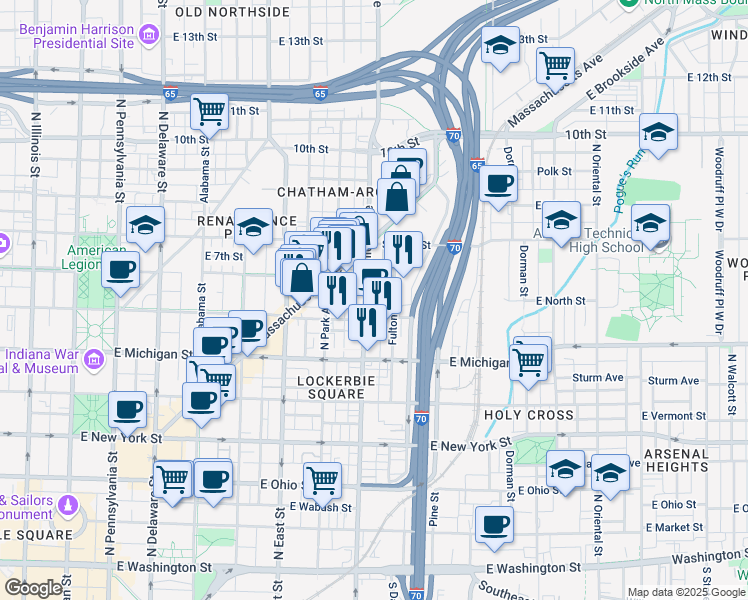 map of restaurants, bars, coffee shops, grocery stores, and more near 617 North College Avenue in Indianapolis