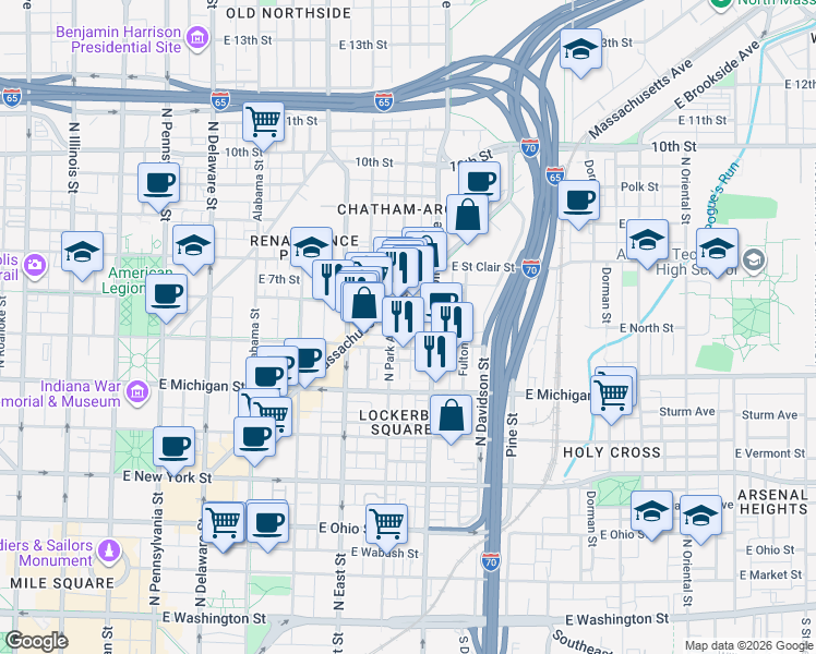 map of restaurants, bars, coffee shops, grocery stores, and more near 611 East North Street in Indianapolis