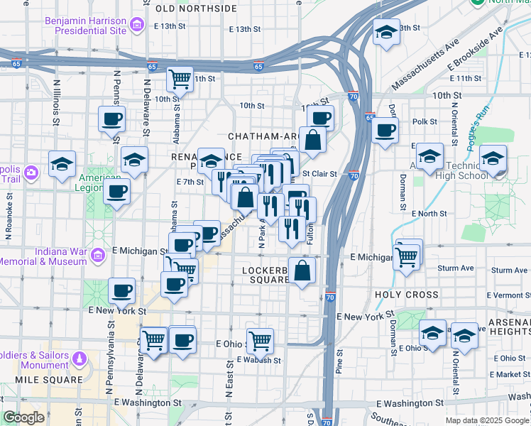 map of restaurants, bars, coffee shops, grocery stores, and more near 611 East North Street in Indianapolis