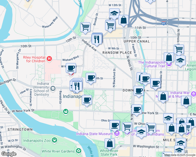 map of restaurants, bars, coffee shops, grocery stores, and more near 765 West North Street in Indianapolis