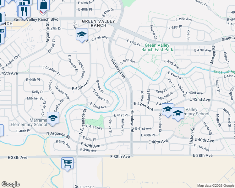 map of restaurants, bars, coffee shops, grocery stores, and more near 20000 East Mitchell Place in Denver
