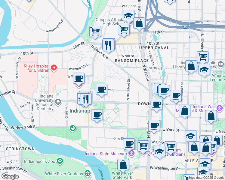 map of restaurants, bars, coffee shops, grocery stores, and more near 820 West North Street in Indianapolis