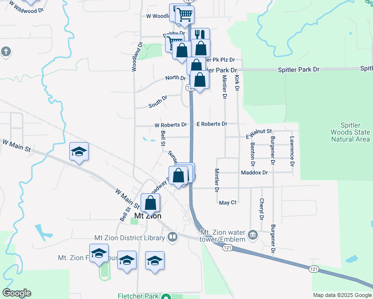 map of restaurants, bars, coffee shops, grocery stores, and more near 497-699 Highway 121 in Mount Zion
