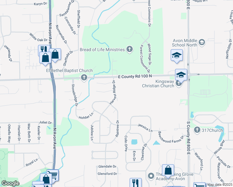 map of restaurants, bars, coffee shops, grocery stores, and more near 887 Harvest Ridge Drive in Avon