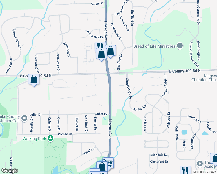 map of restaurants, bars, coffee shops, grocery stores, and more near 898 Indiana 267 in Avon