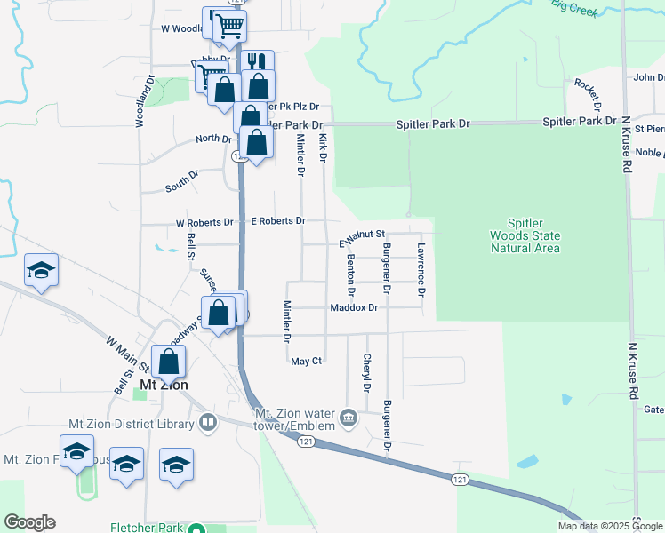 map of restaurants, bars, coffee shops, grocery stores, and more near 600 Kirk Drive in Mount Zion