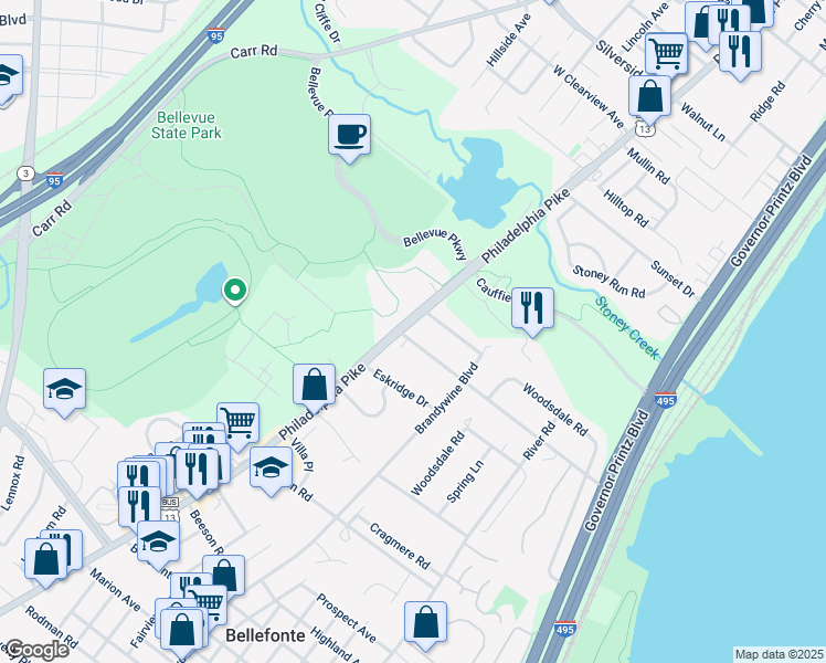 map of restaurants, bars, coffee shops, grocery stores, and more near 501 Bellevue Road in Wilmington