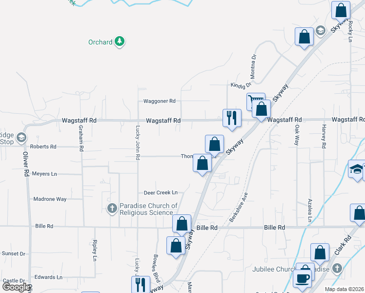 map of restaurants, bars, coffee shops, grocery stores, and more near 947 Thomasson Lane in Paradise
