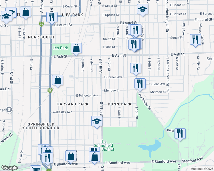 map of restaurants, bars, coffee shops, grocery stores, and more near 2245 South 12th Street in Springfield