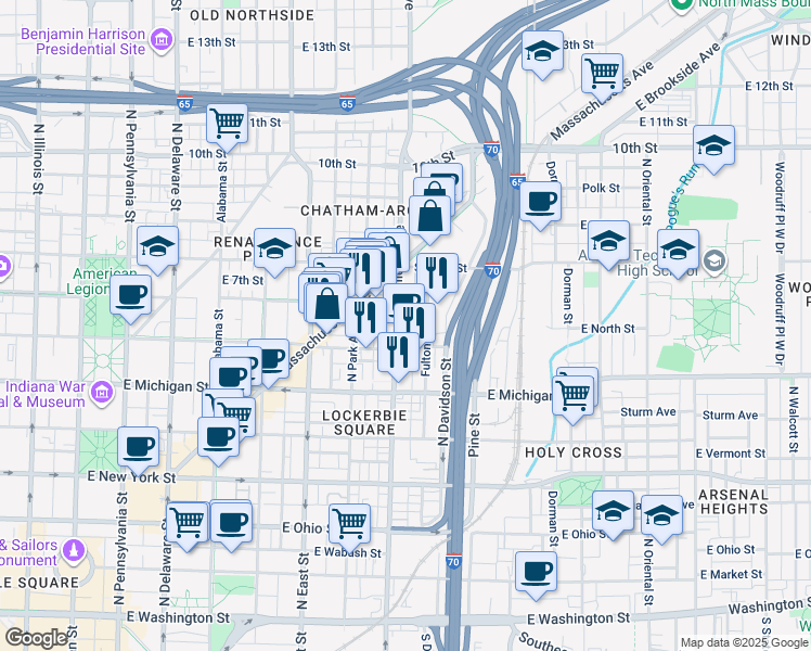 map of restaurants, bars, coffee shops, grocery stores, and more near 617 North College Avenue in Indianapolis