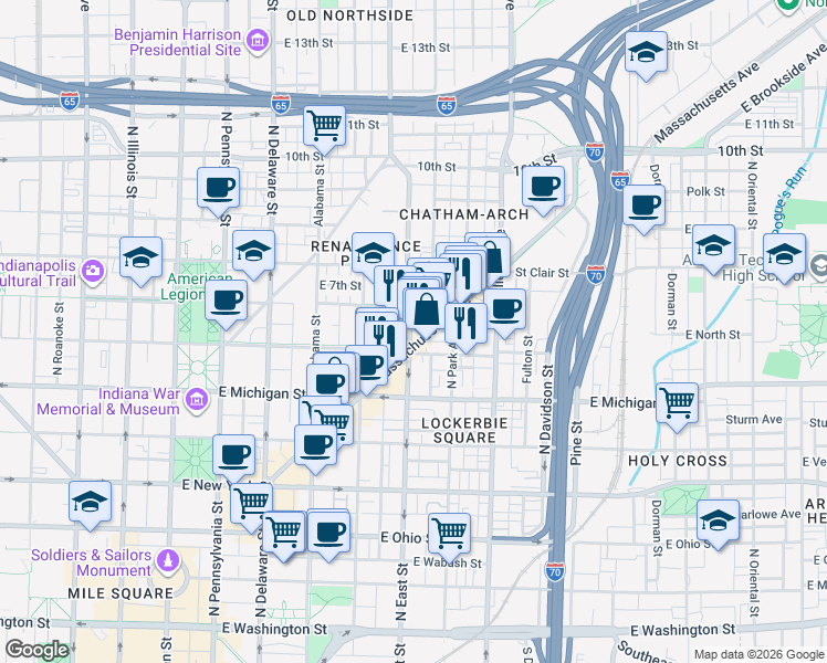 map of restaurants, bars, coffee shops, grocery stores, and more near 617 Massachusetts Avenue in Indianapolis
