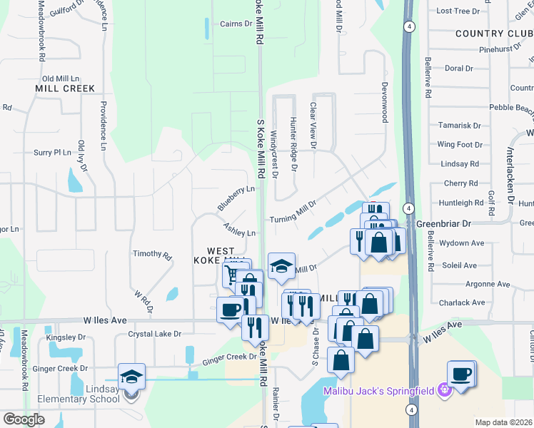 map of restaurants, bars, coffee shops, grocery stores, and more near 3128 Turning Mill Drive in Springfield