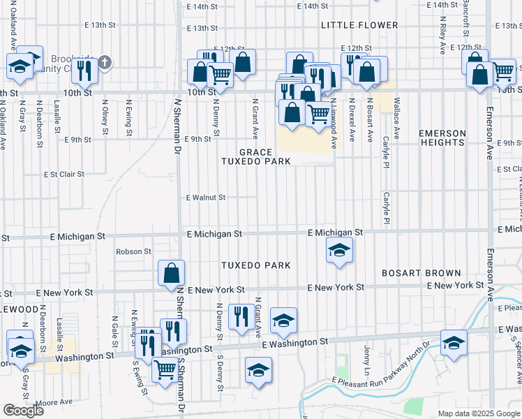 map of restaurants, bars, coffee shops, grocery stores, and more near 521 North Grant Avenue in Indianapolis