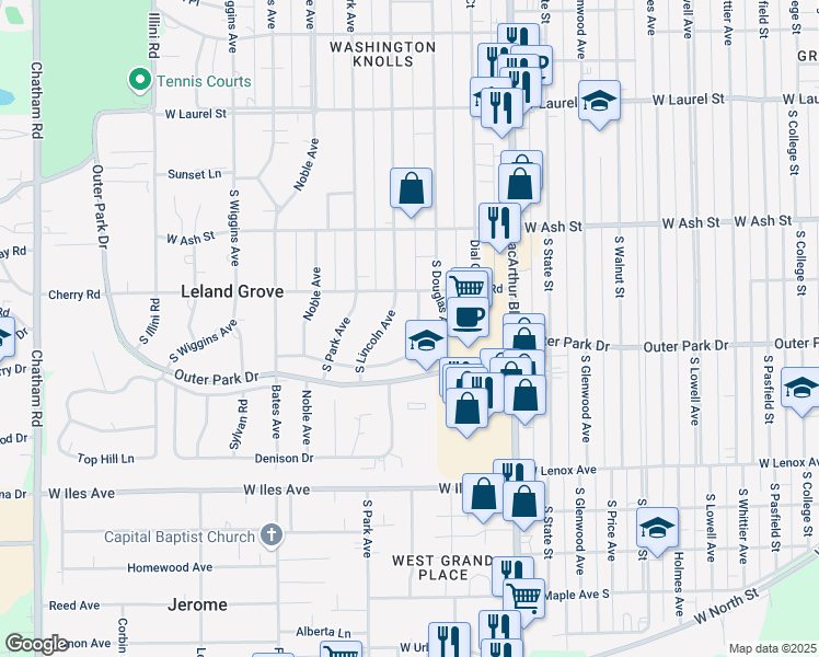 map of restaurants, bars, coffee shops, grocery stores, and more near 2116 South Lincoln Avenue in Springfield