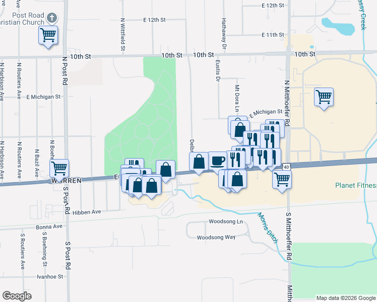 map of restaurants, bars, coffee shops, grocery stores, and more near 38 Delbrick Lane in Indianapolis