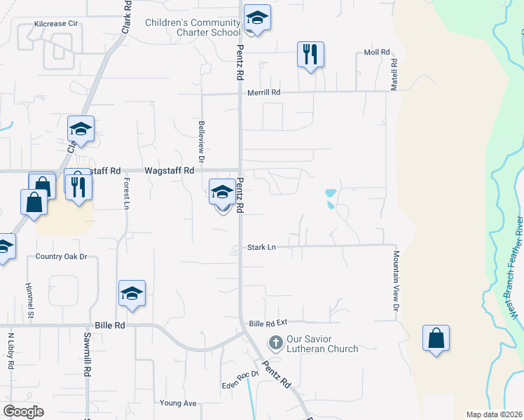 map of restaurants, bars, coffee shops, grocery stores, and more near 1757 Whitaker Road in Paradise
