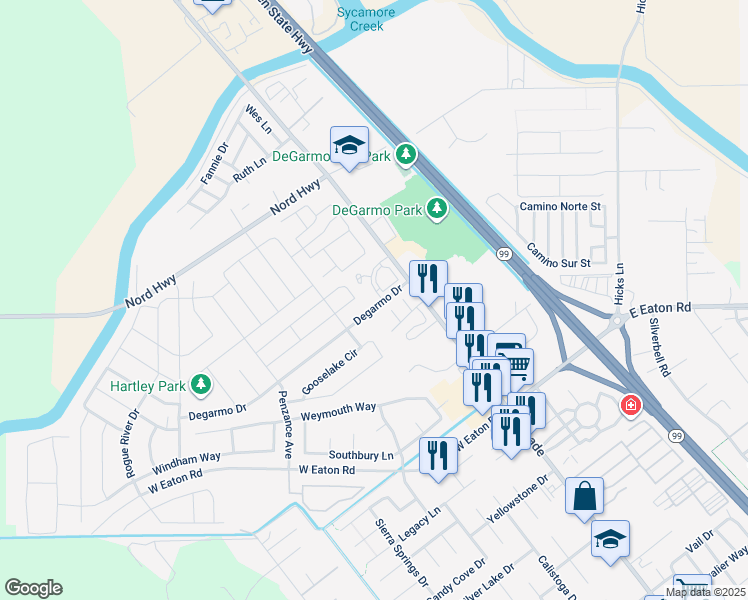 map of restaurants, bars, coffee shops, grocery stores, and more near 3301 Bodero Lane in Chico