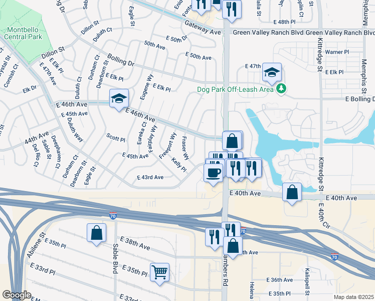 map of restaurants, bars, coffee shops, grocery stores, and more near 4574 Frankfort Way in Denver