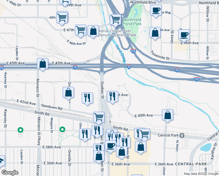 map of restaurants, bars, coffee shops, grocery stores, and more near 7415 East 41st Avenue in Denver